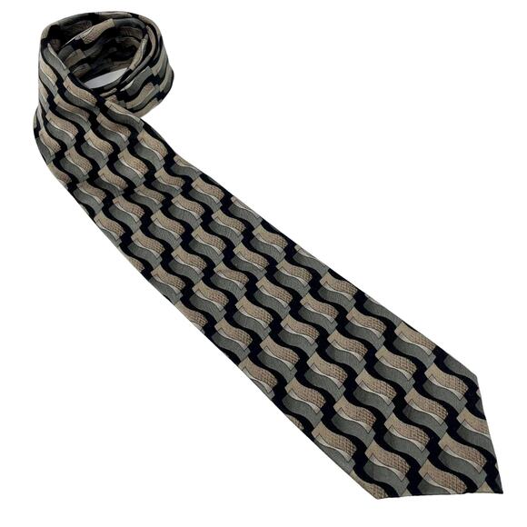 00s CARLOS DEVENZIA Vintage Green Black Silk Abstract Printed Tie - Picture 1 of 8